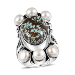 Artisan Crafted Blue Horizon Turquoise 9.30 ctw and White Pearl Ring in Sterling Silver (Size 6.0)