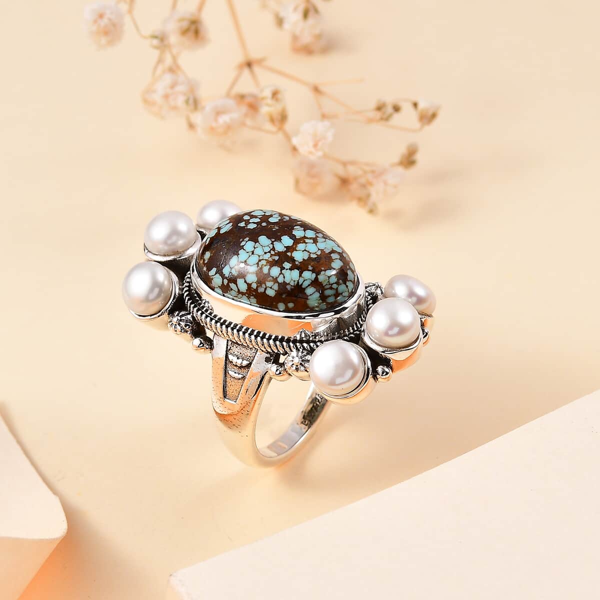 Artisan Crafted Blue Horizon Turquoise 9.30 ctw and White Pearl Ring in Sterling Silver (Size 7.0) image number 1