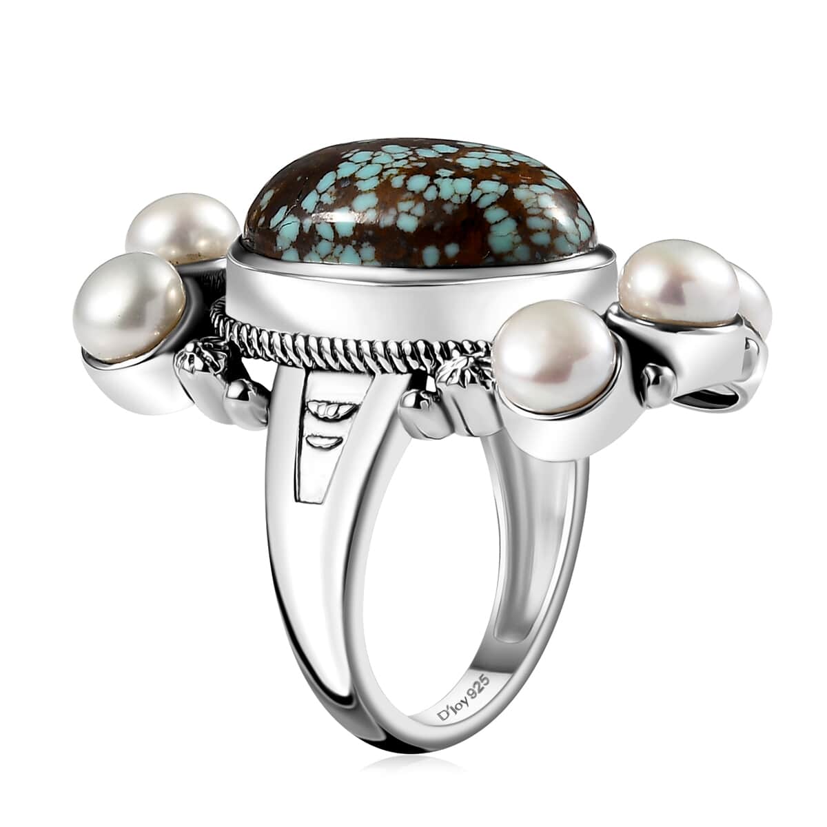 Artisan Crafted Blue Horizon Turquoise 9.30 ctw and White Pearl Ring in Sterling Silver (Size 7.0) image number 3