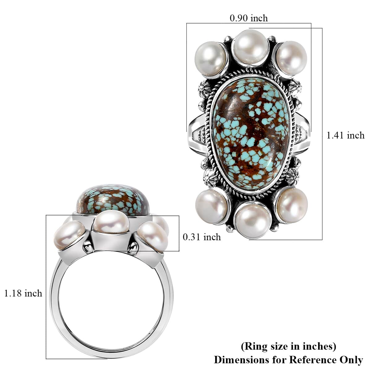 Artisan Crafted Blue Horizon Turquoise 9.30 ctw and White Pearl Ring in Sterling Silver (Size 7.0) image number 5