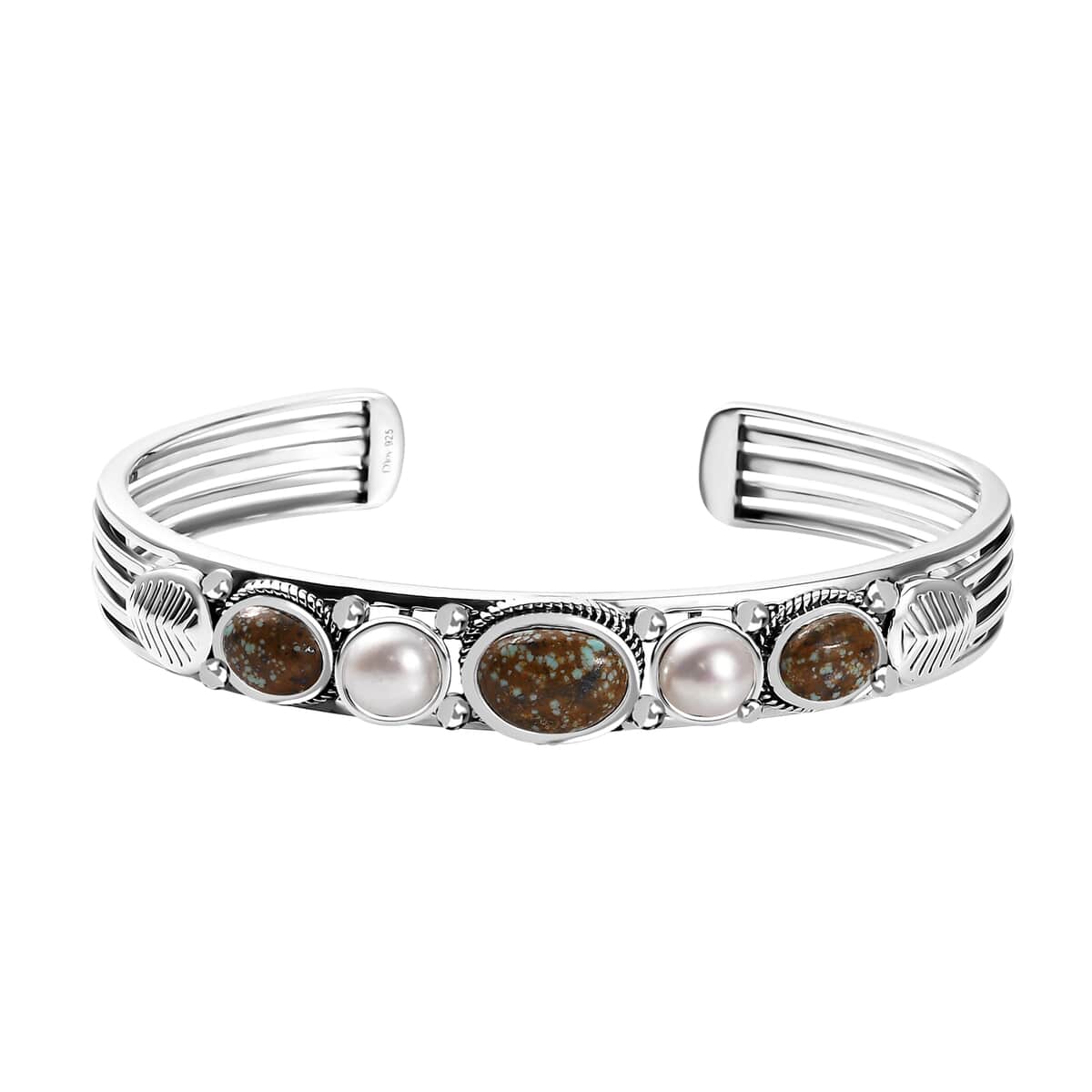 Artisan Crafted Blue Horizon Turquoise 5.40 ctw and White Pearl Cuff Bracelet in Sterling Silver (7.25 In) image number 0