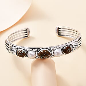 D'Joy Artisan Crafted Blue Horizon Turquoise 5.40 ctw and White Pearl Cuff Bracelet in Sterling Silver (7.25 In)