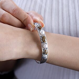 D'Joy Artisan Crafted Blue Horizon Turquoise 5.40 ctw and White Pearl Cuff Bracelet in Sterling Silver (7.25 In)