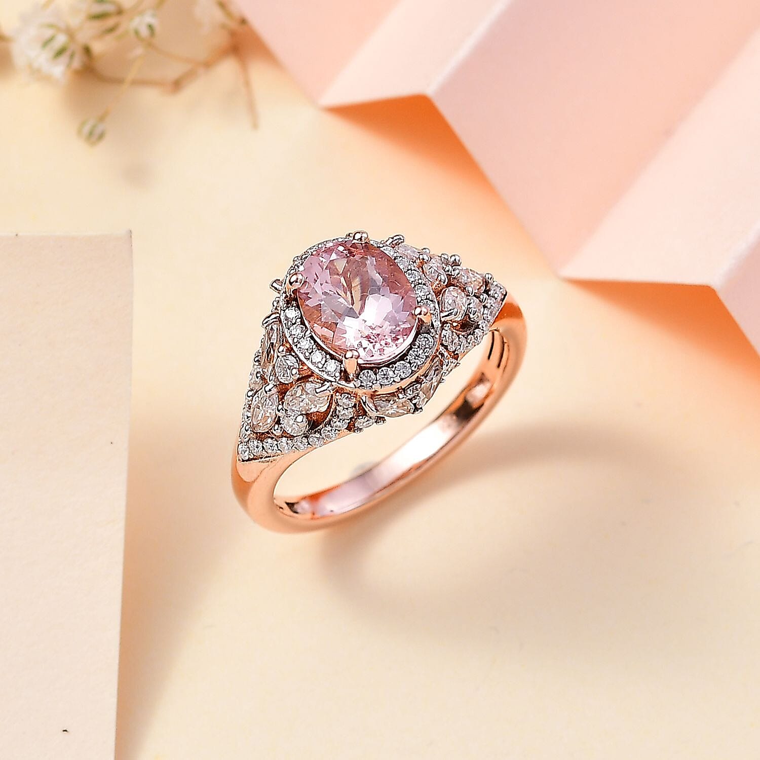 Premium Pink Morganite and Moissanite Ring in 18K Vermeil Rose Gold Over Sterling Silver (Size 10.0) 2.60 ctw