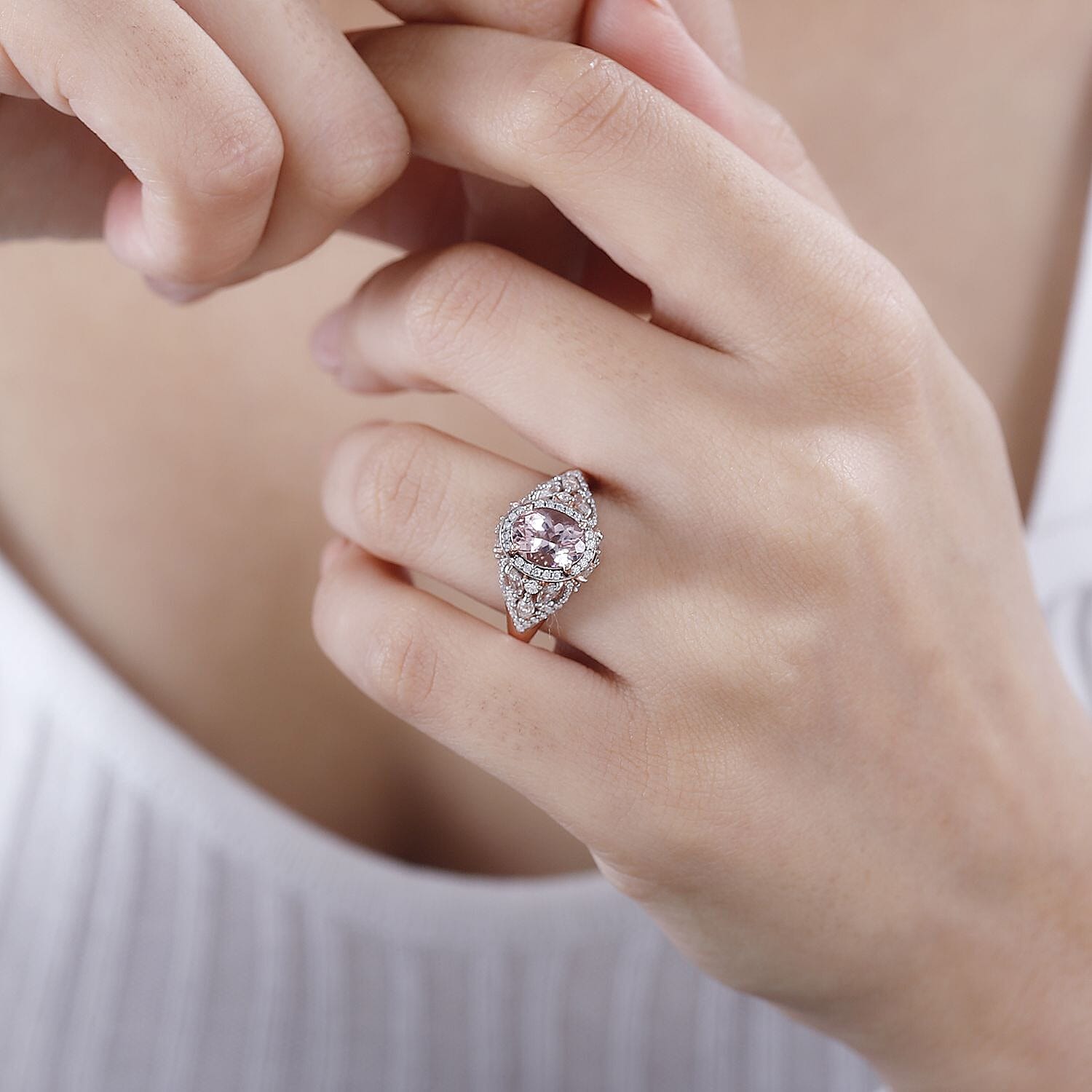 Premium Pink Morganite and Moissanite Ring in 18K Vermeil Rose Gold Over Sterling Silver (Size 10.0) 2.60 ctw
