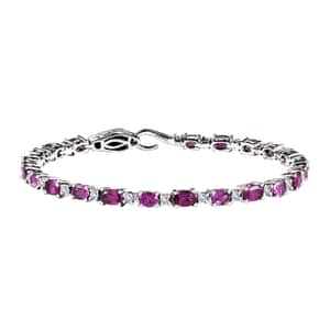 Radiant Ember Garnet and Moissanite Serpent Bracelet in Rhodium Over Sterling Silver (6.50 In) 6.40 ctw