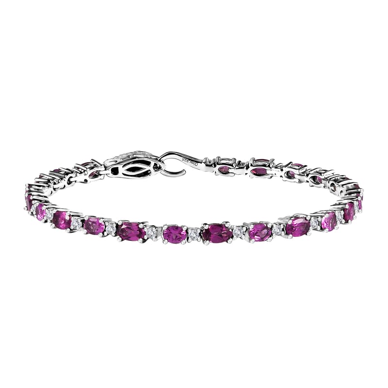 D'Joy Radiant Ember Garnet and Moissanite Serpent Bracelet in Rhodium Over Sterling Silver (6.50 In) 6.40 ctw
