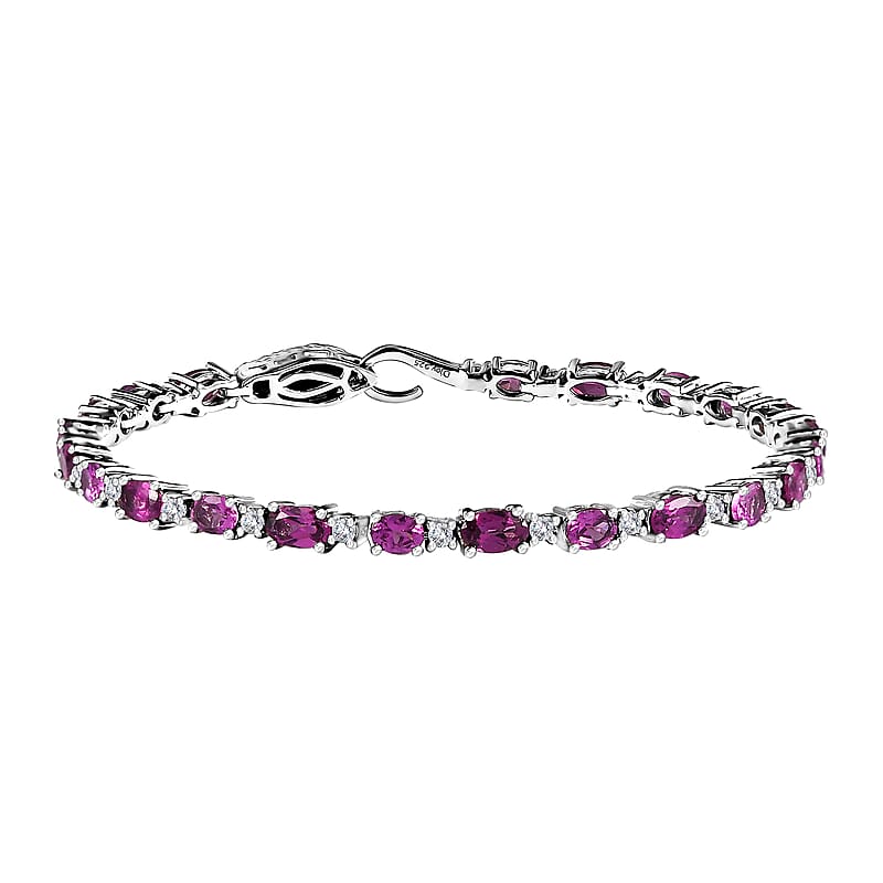 D'Joy Radiant Ember Garnet and Moissanite Serpent Bracelet in Rhodium Over Sterling Silver (6.50 In) 6.40 ctw
