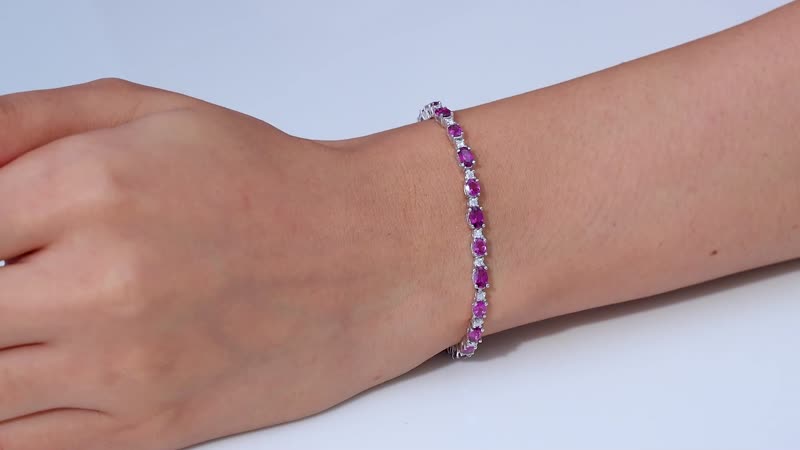 Radiant Ember Garnet and Moissanite Tennis Bracelet in Rhodium Over Sterling Silver (6.50 In) 6.40 ctw