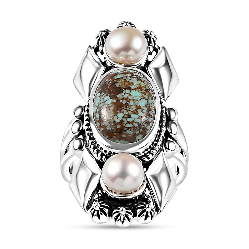 Artisan Crafted Blue Horizon Turquoise 5.60 ctw and White Pearl Ring in Sterling Silver (Size 10.0)