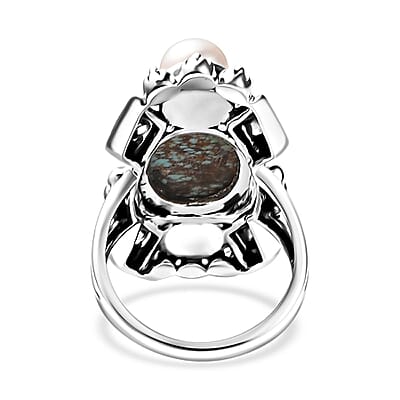 D'Joy Artisan Crafted Blue Horizon Turquoise 5.60 ctw and White Pearl Ring in Sterling Silver (Size 6.0)