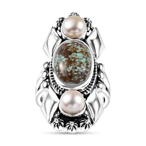 Artisan Crafted Blue Horizon Turquoise 5.60 ctw and White Pearl Ring in Sterling Silver (Size 7.0)