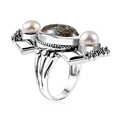 D'Joy Artisan Crafted Blue Horizon Turquoise 5.60 ctw and White Pearl Ring in Sterling Silver (Size 7.0)