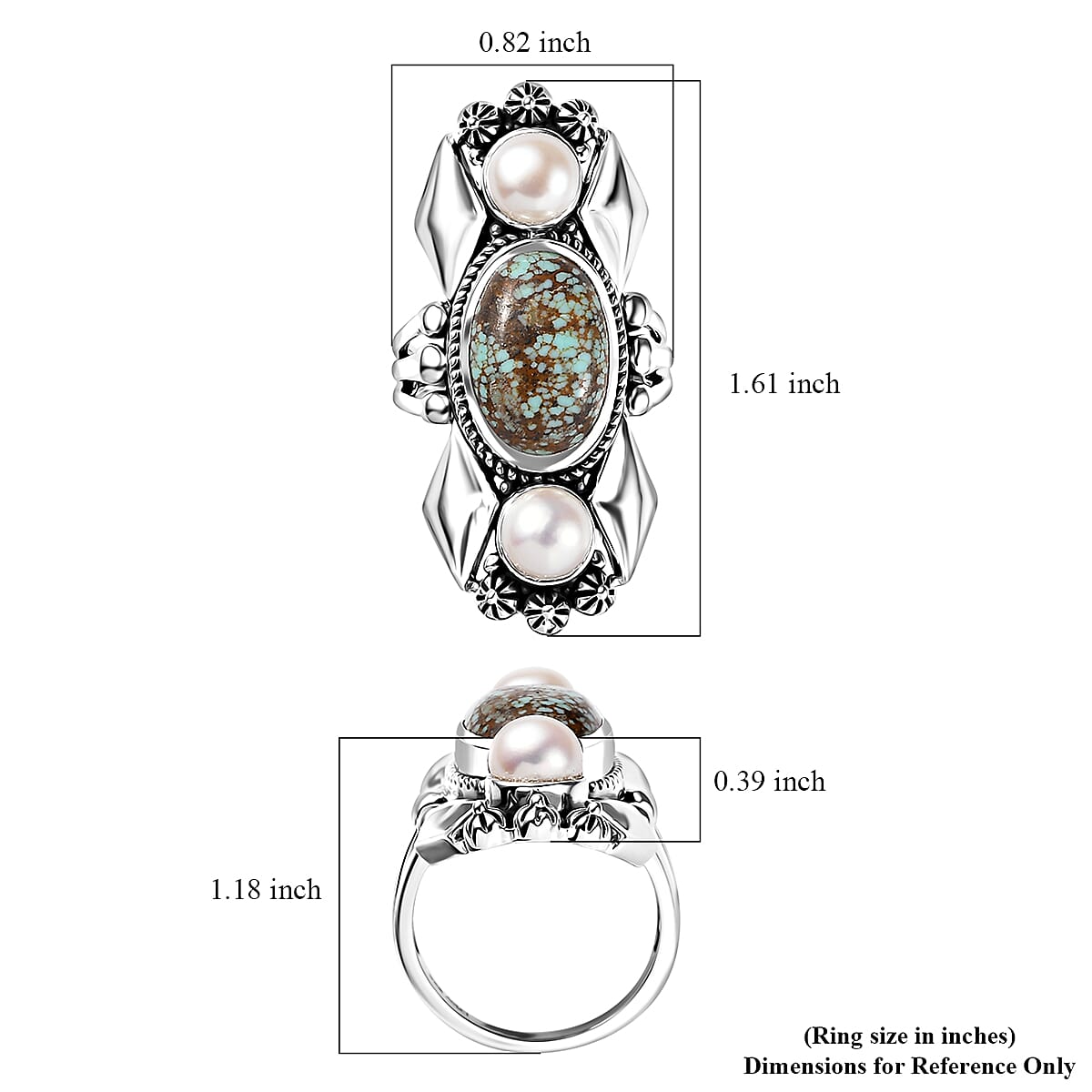 D'Joy Artisan Crafted Blue Horizon Turquoise 5.60 ctw and White Pearl Ring in Sterling Silver (Size 8.0)