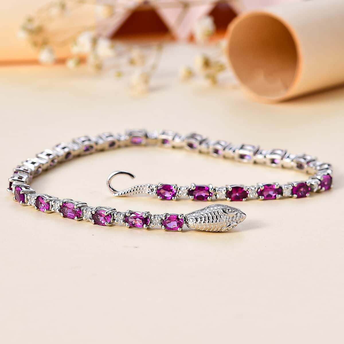 Radiant Ember Garnet and Moissanite Serpent Bracelet in Rhodium Over Sterling Silver (7.25 In) 7.00 ctw image number 1