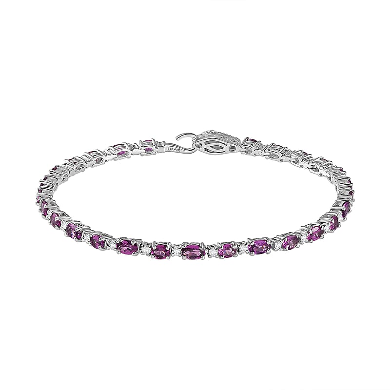 Radiant Ember Garnet and Moissanite Serpent Bracelet in Rhodium Over Sterling Silver (8.00 In) 7.80 ctw