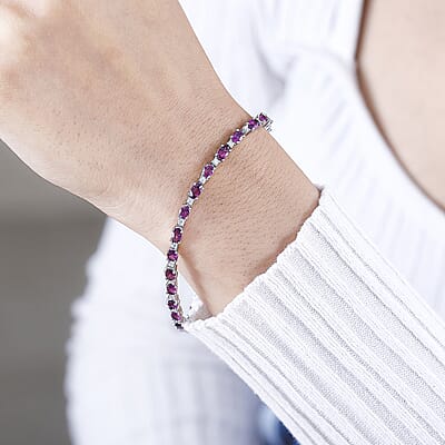 Radiant Ember Garnet and Moissanite Serpent Bracelet in Rhodium Over Sterling Silver (8.00 In) 7.80 ctw