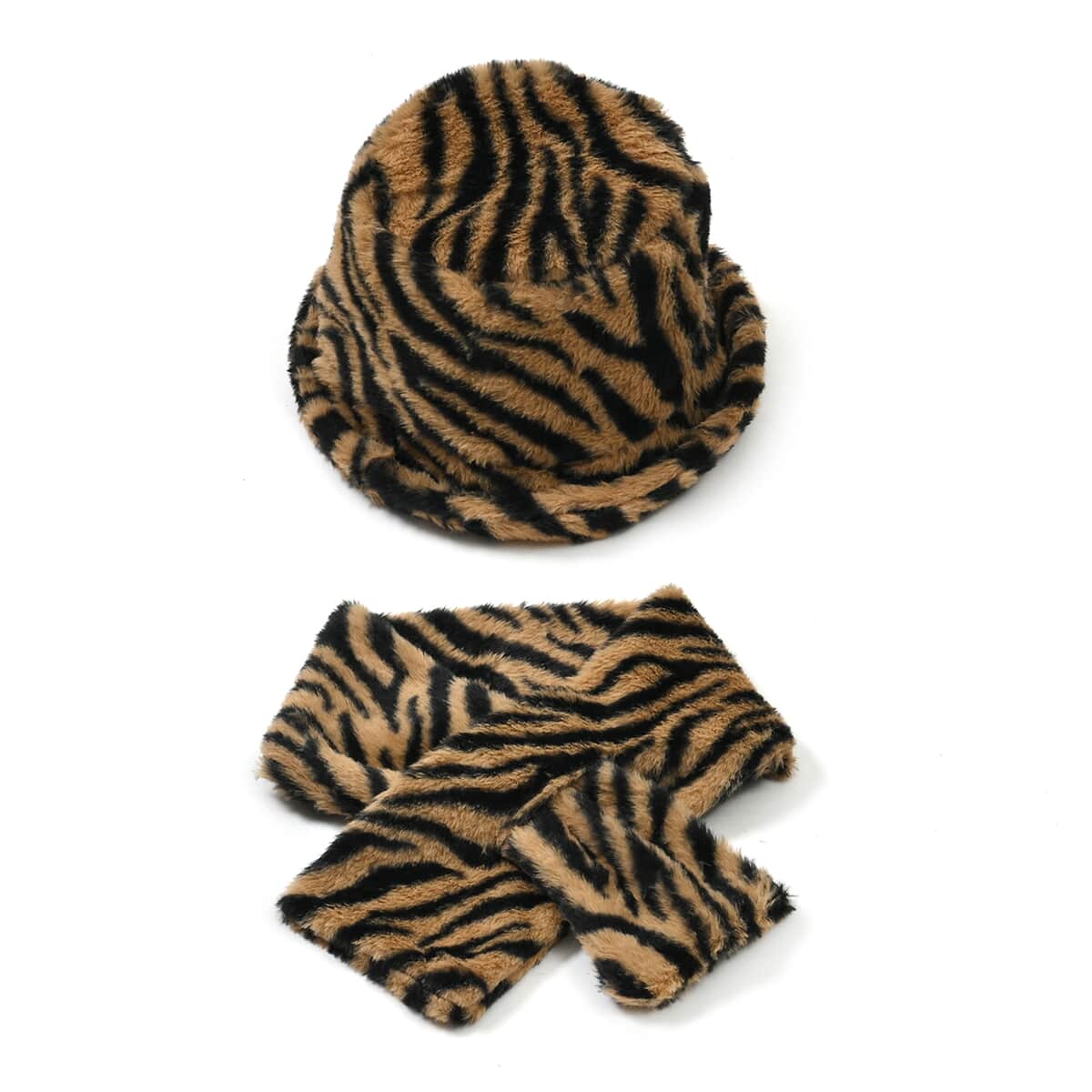 Doorbuster Brown Zebra Pattern Faux Fur Set of Bucket Hat and Scarf image number 0