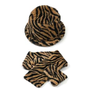 Doorbuster Brown Zebra Pattern Faux Fur Set of Bucket Hat and Scarf