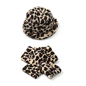 Brown Leopard Pattern Faux Fur Set of Bucket Hat and Scarf