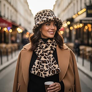 Tamsy Brown Leopard Pattern Faux Fur Set of Bucket Hat and Scarf