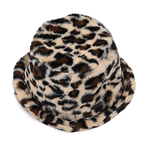 Tamsy Brown Leopard Pattern Faux Fur Set of Bucket Hat and Scarf