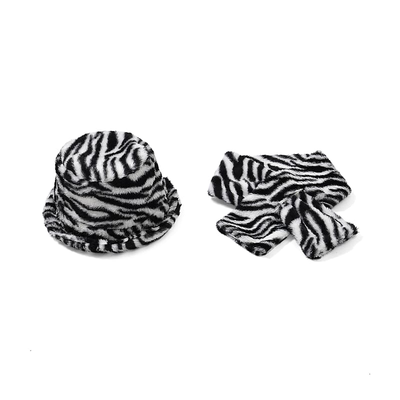 Tamsy White Zebra Pattern Faux Fur Set of Bucket Hat and Scarf