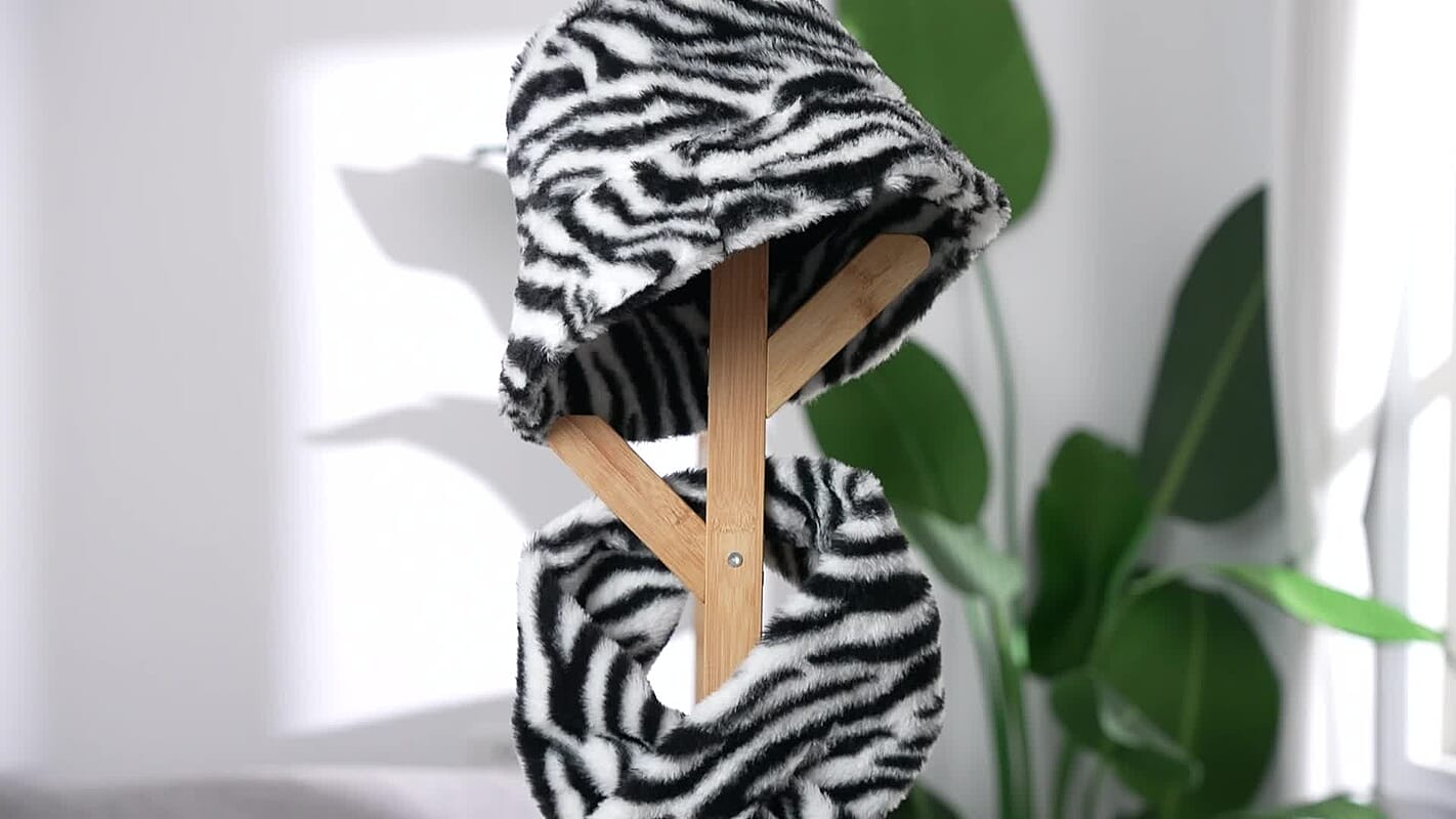 Brown Zebra Pattern Faux Fur Set of Bucket Hat (23") and Scarf (34"x5")