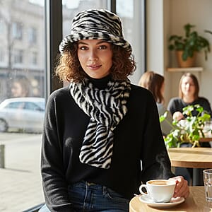 Tamsy White Zebra Pattern Faux Fur Set of Bucket Hat and Scarf