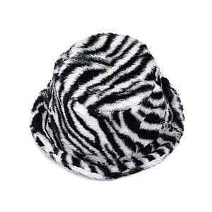 Tamsy White Zebra Pattern Faux Fur Set of Bucket Hat and Scarf