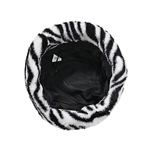 Tamsy White Zebra Pattern Faux Fur Set of Bucket Hat and Scarf