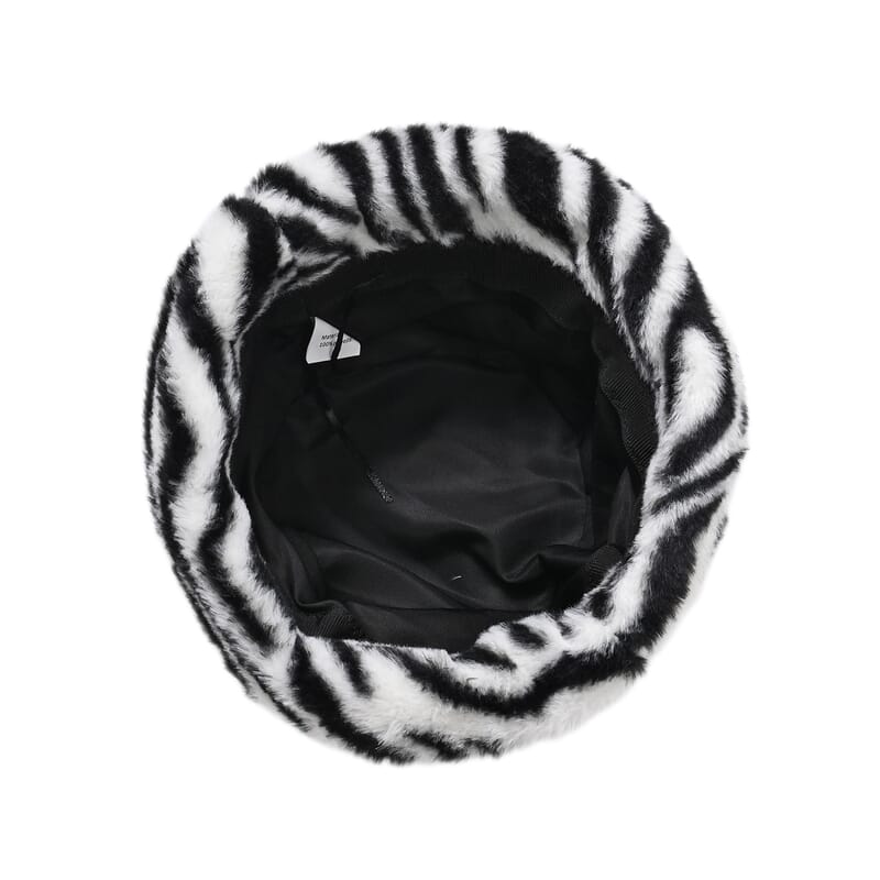 Tamsy White Zebra Pattern Faux Fur Set of Bucket Hat and Scarf