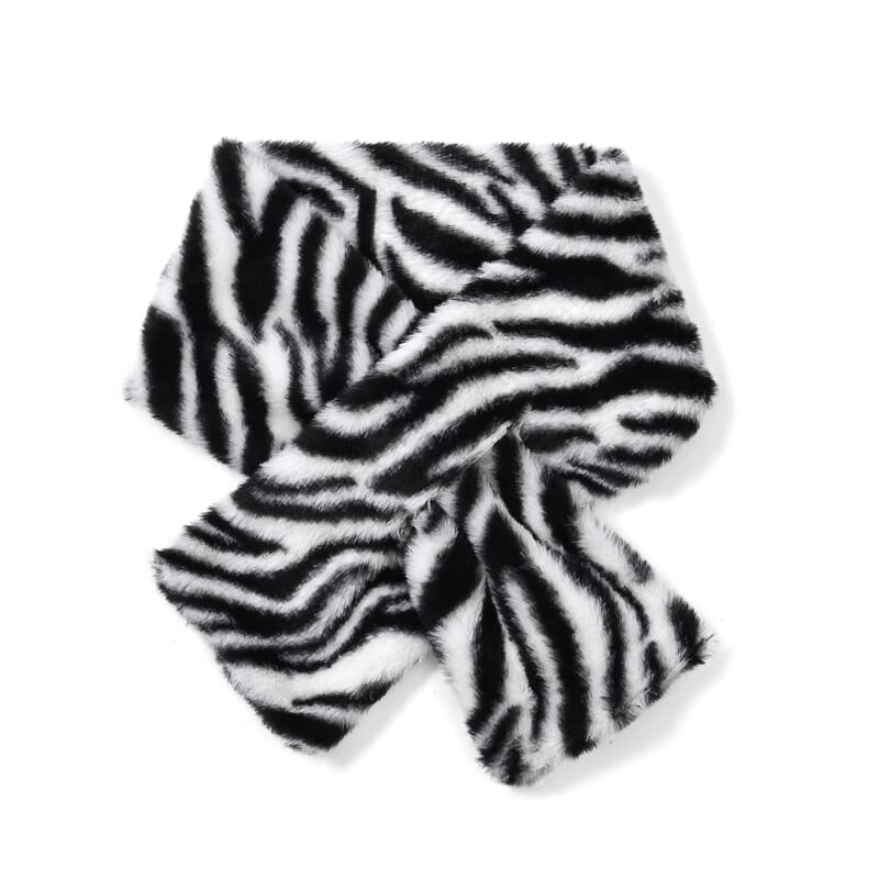 Tamsy White Zebra Pattern Faux Fur Set of Bucket Hat and Scarf