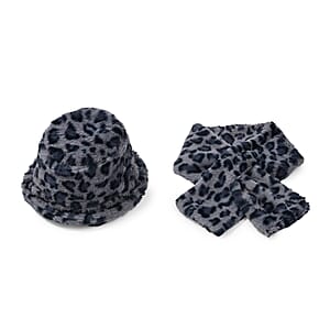 Tamsy Gray Leopard Pattern Faux Fur Set of Bucket Hat and Scarf