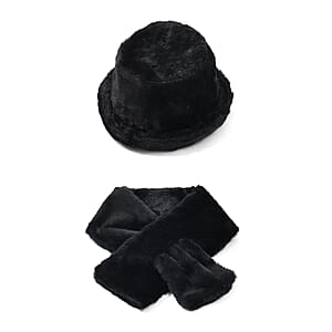 Black Solid Faux Fur Set of Bucket Hat and Scarf