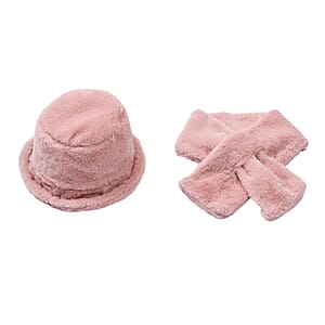 Tamsy Blush Pink Solid Faux Fur Set of Bucket Hat and Scarf