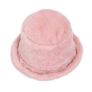 Tamsy Blush Pink Solid Faux Fur Set of Bucket Hat and Scarf