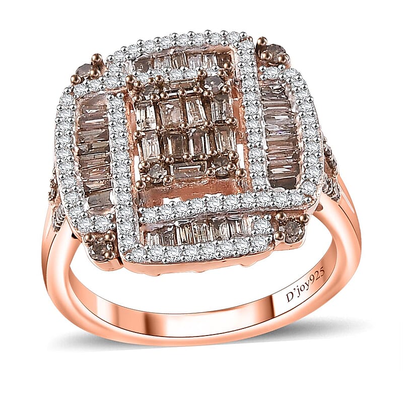 Natural Champagne and White Diamond 1.00 ctw Art Deco Ring in 18K Vermeil Rose Gold Over Sterling Silver (Size 10.0)
