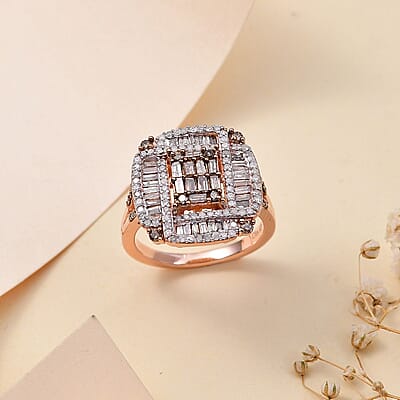 Natural Champagne and White Diamond 1.00 ctw Art Deco Ring in 18K Vermeil Rose Gold Over Sterling Silver (Size 10.0)
