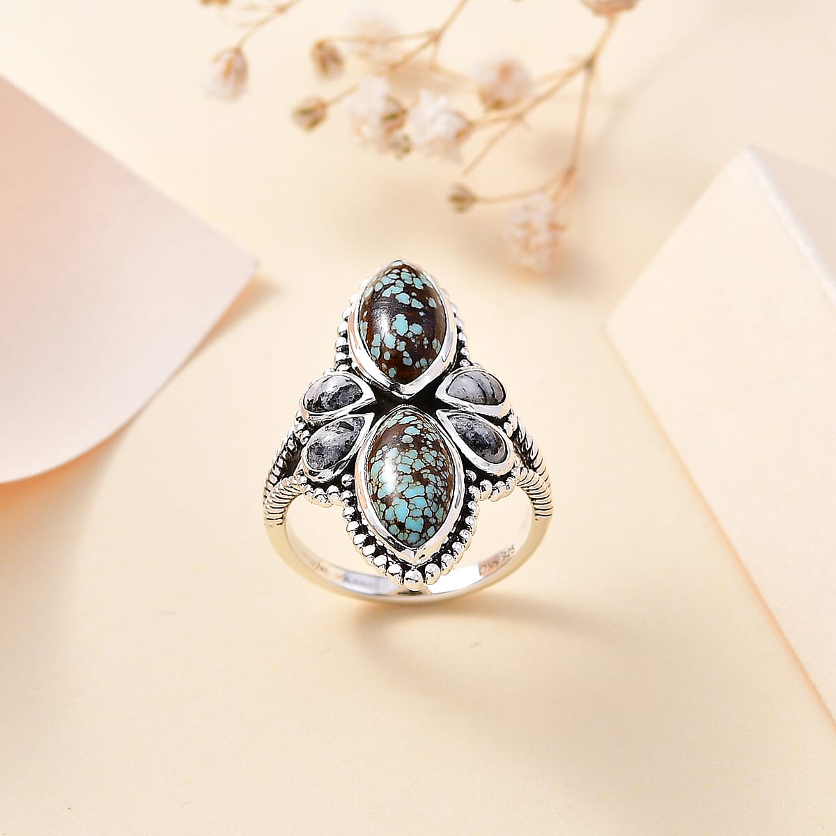 Artisan Crafted Blue Horizon Turquoise and White Buffalo 4.00 ctw Ring in Sterling Silver (Size 9.0) image number 1