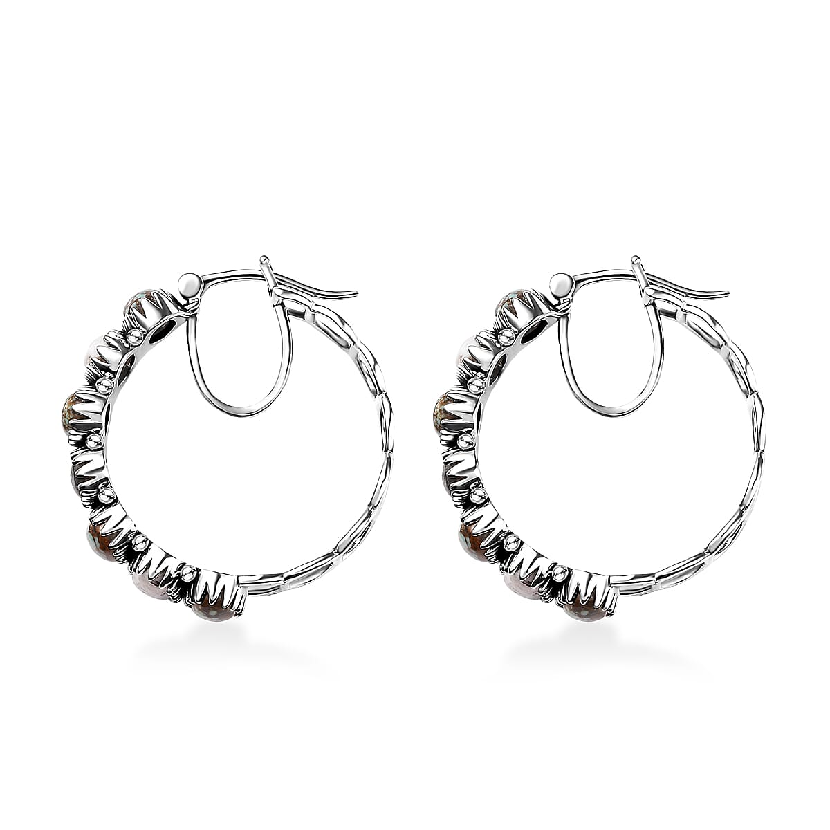 Artisan Crafted Blue Horizon Turquoise and White Buffalo 9.00 ctw Hoop Earrings in Black Oxidized Sterling Silver
