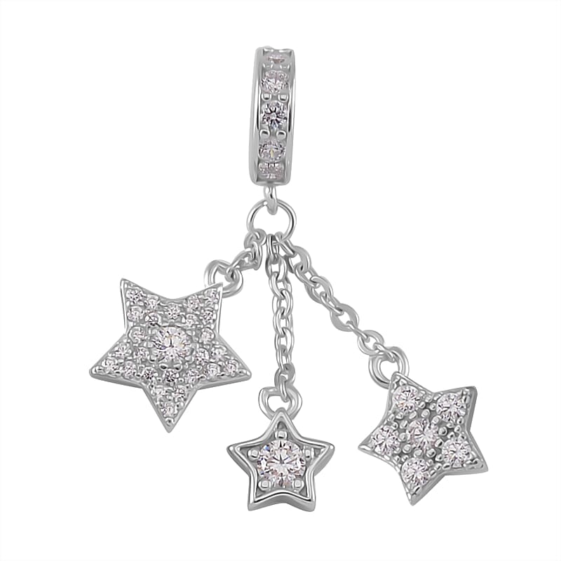 Simulated Diamond Three Stars Charm in Rhodium Over Sterling Silver