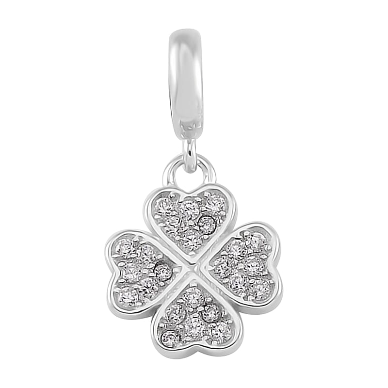 Simulated Diamond 0.25 ctw Four Leaf Flower Charm in Rhodium Over Sterling Silver