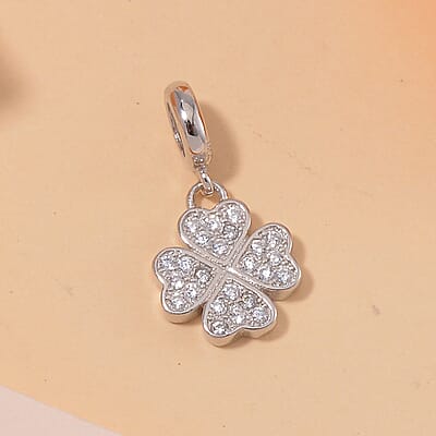 Simulated Diamond 0.25 ctw Four Leaf Flower Charm in Rhodium Over Sterling Silver