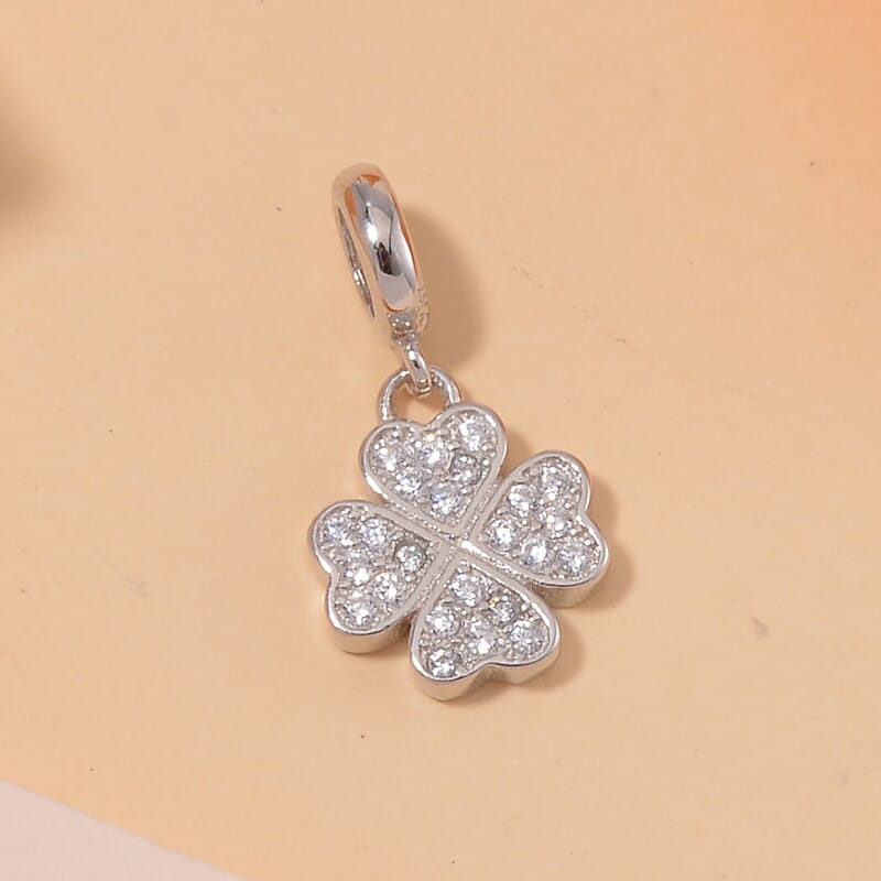 Simulated Diamond 0.25 ctw Four Leaf Flower Charm in Rhodium Over Sterling Silver