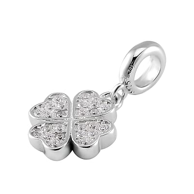 Simulated Diamond 0.25 ctw Four Leaf Flower Charm in Rhodium Over Sterling Silver