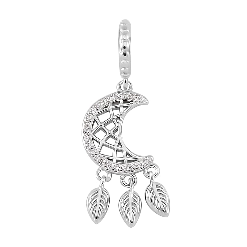 Simulated Diamond Moon Dreamcatcher Charm in Rhodium Over Sterling Silver