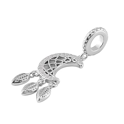 Simulated Diamond Moon Dreamcatcher Charm in Rhodium Over Sterling Silver