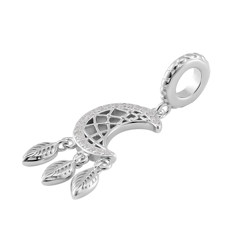 Simulated Diamond Moon Dreamcatcher Charm in Rhodium Over Sterling Silver