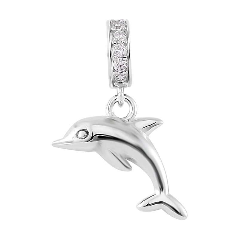Simulated Diamond Dolphin Charm in Rhodium Over Sterling Silver